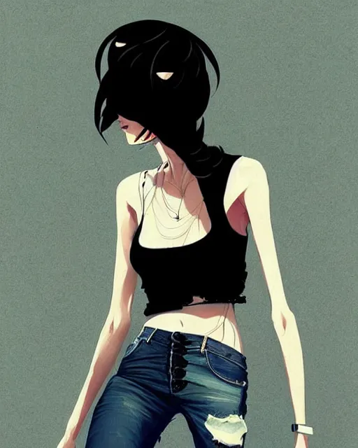 Image similar to a ultradetailed beautiful painting of a stylish woman in black tanktop and jeans, by conrad roset, greg rutkowski and makoto shinkai trending on artstation