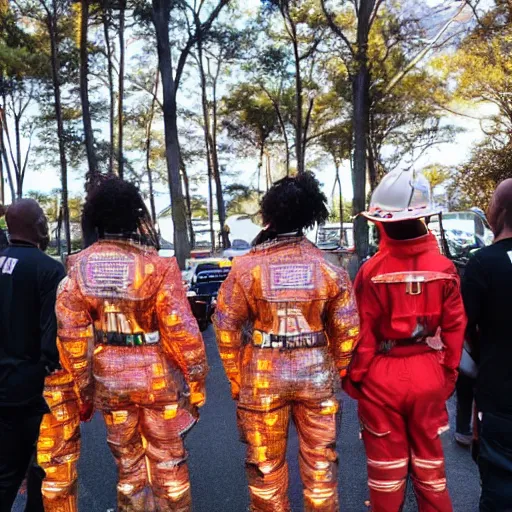 Image similar to love, diverse fire cybersuits, from behind, connection rituals, wide wide angle, vivid, elaborate, highly detailed, beautiful lighting