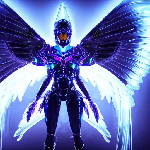 Image similar to a photo of 8k ultra realistic archangel with 6 wings, full body, intricate purple and blue neon armor, ornate, cinematic lighting, trending on artstation, 4k, hyperrealistic, focused, high details, unreal engine 5, cinematic