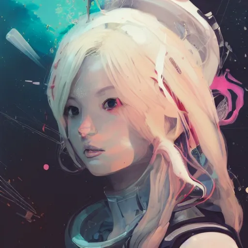 Prompt: highly detailed portrait of a young astronaut lady with a wavy blonde hair and curvy figure, by Dustin Nguyen, Akihiko Yoshida, Greg Tocchini, Greg Rutkowski, Cliff Chiang, 4k resolution, punk inspired, nier:automata inspired, gravity rush inspired, vibrant but dreary pink, cyan, opal, black and white color scheme!!! ((Beautiful Space nebula background))