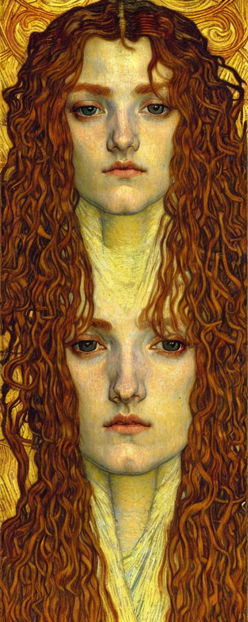 Image similar to detailed realistic beautiful young medieval queen face portrait by jean delville, gustav klimt and vincent van gogh, art nouveau, symbolist, visionary, gothic, pre - raphaelite, muted earthy colors, desaturated