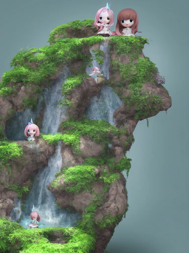 Image similar to cute fumo plush of a princess girl in a tower on a tiny island with a long flowing waterfall, floating island, vignette, vray