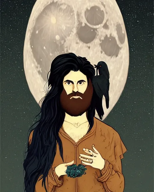 Image similar to portrait of a man with long black hair and beard holding a bird in his hands, full moon in the background, fine portrait, beautiful, concept art, by tomer hanuka, by jan vermeer