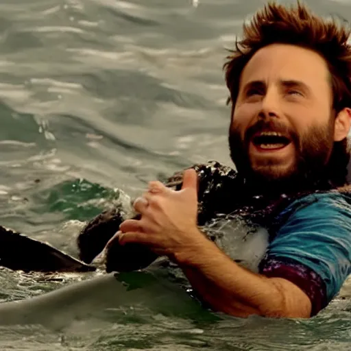 Image similar to Charlie Day from IASIP being eaten by a shark in the ocean.