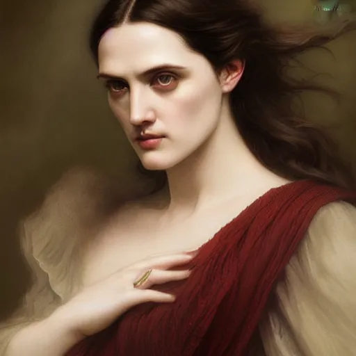 Image similar to beautiful striking Pre-Raphaelite Katie McGrath by Artgerm and Greg Rutkowski, intricate, elegant, highly detailed, digital painting, pale