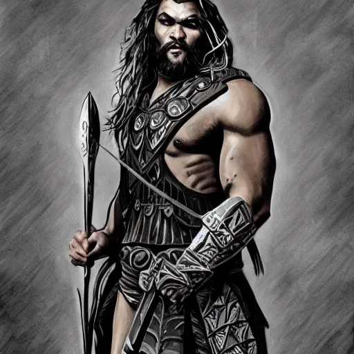 Image similar to full body Illustration of Jason Momoa as a spartan hoplite hero, dark atmosphere, angry look, gta 5 cover style, highly detailed, digital painting, Trending on artstation , HD quality, by Glenn Rane and Samwise Didier, dramatic light, octane
