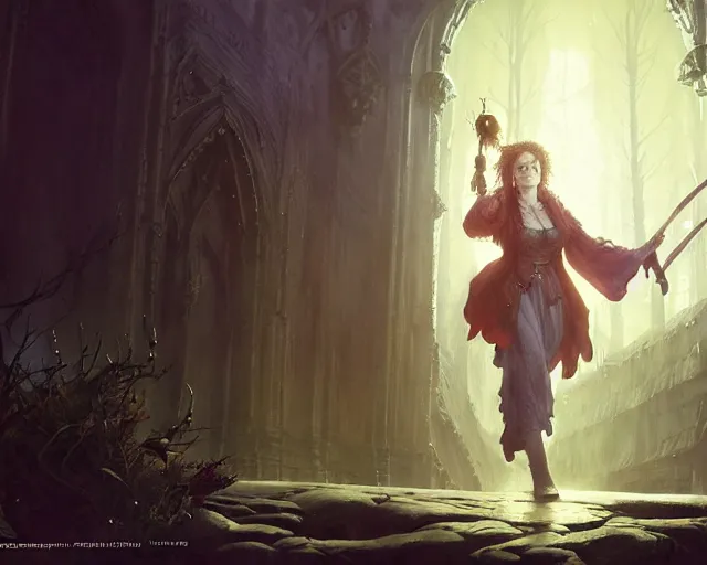 Image similar to highly detailed portrait of helena bonham carter as a mage, in dragon age : inquisition, stephen bliss, unreal engine, fantasy art by greg rutkowski, loish, rhads, ferdinand knab, makoto shinkai and lois van baarle, ilya kuvshinov, rossdraws, tom bagshaw, global illumination, radiant light, detailed and intricate environment