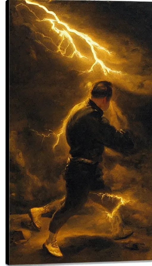 Prompt: still life painting of man getting struck by lightning, by Peder Krøyer, party, golden hour, dramatic lighting, epic, gargantuan, intricate detail, canvas print