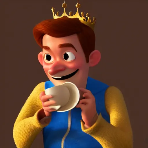 Image similar to a king drinking a cup of tea by pixar, trending on artstation, 8 k, highly detailed, digital painting, 3 d rendered