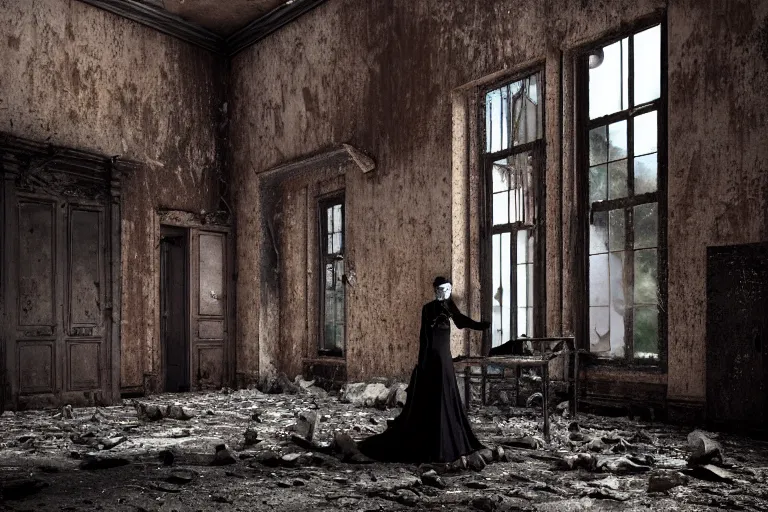 Image similar to A ghostly woman in a long, black victorian dress, standing in the middle of a ruined, abandoned, polish mansion kitchen, seen from inside. Pitch black darkness, A strong red keylight is the only lightsource. Smoke. Dirt, leaves on ground. Octane render. Substance painter. Zbrush. Trending on artstation. 8K. Highly detailed.