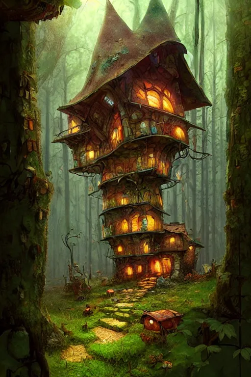 Image similar to a storybook style ramshackle multistory fairytale hut in the forest, artwork by Marc Simonetti