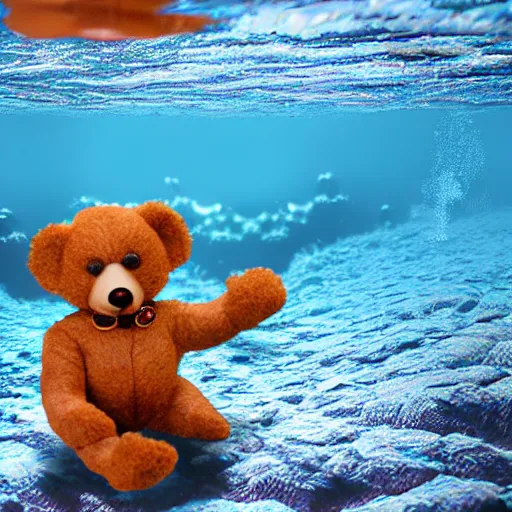 Prompt: Anthropomorphic teddy bears with goggles swimming underwater near the ocean floor, 4k, award winning photo, highly detailed