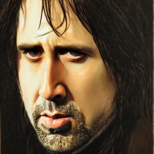 Prompt: portrait of nicolas cage as aragorn, by alan lee, lord of the rings, smooth, detailed terrain, oil painting, matte painting, concept art, trending on artstation, promotional artwork, film still, elegant, photorealistic facial features, intricate, detailed face, cinematic lighting