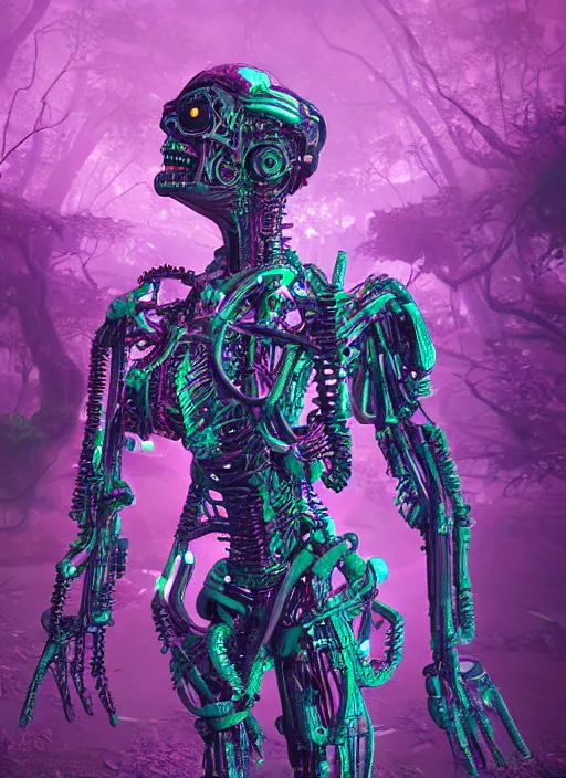 Image similar to a small psychedelic surreal horror cyborg in the chaotic spirit forest, fulcolor octane render, cinematic, ultra - realistic