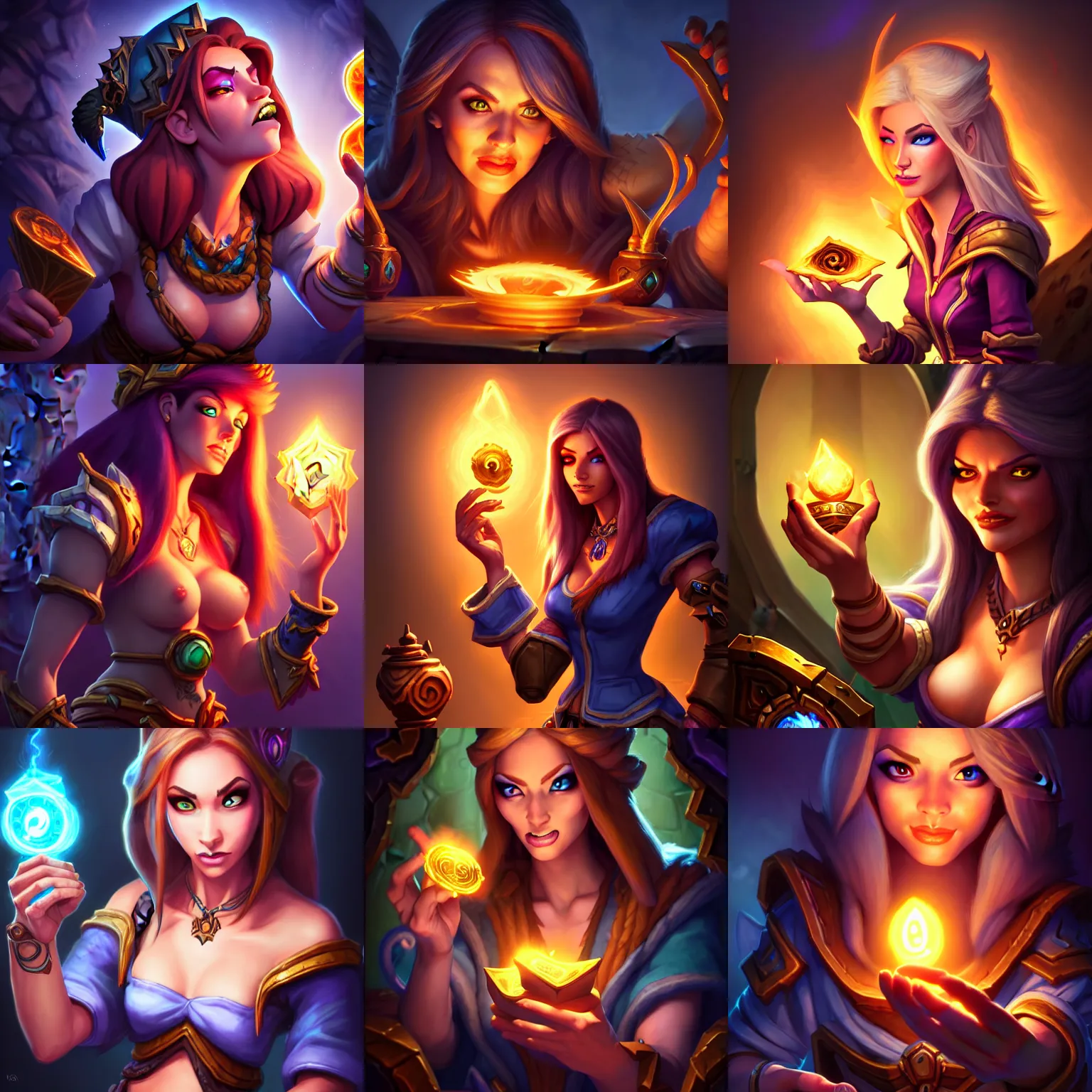 Prompt: Full body Hearthstone official professional art, with realistic beautiful face & eyes. A sorceress finding a treasure. Insanely coherent and well drawned physical body parts. Full body, sharp focus, 8k high definition, insanely detailed, intricate, elegant, smooth, sharp focus, ArtStation