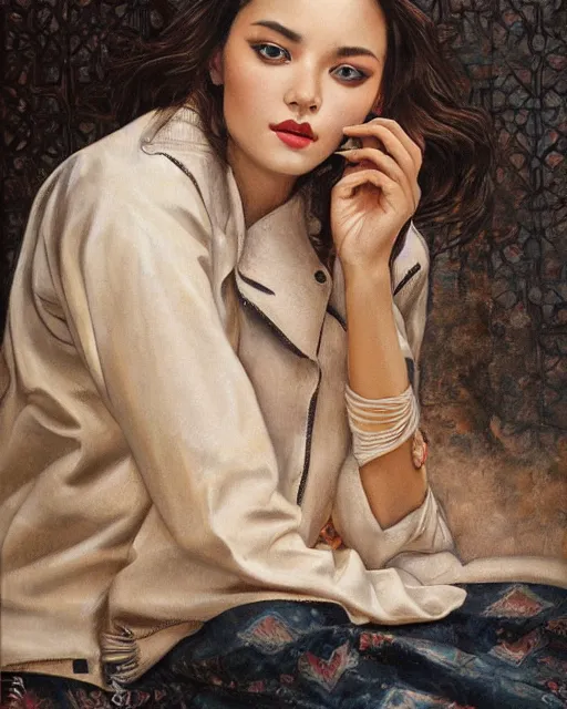 Image similar to a ultradetailed beautiful panting of a stylish woman sitting on the floor in a tiled room, she is wearing an oversized jacket, night time, highly detailed face, oil painting, by tran nguyen