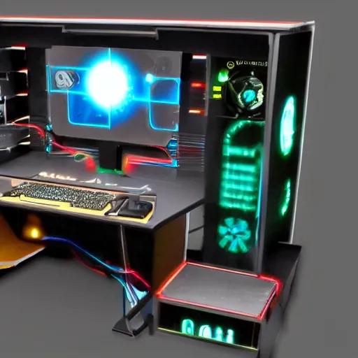 Prompt: a cyberpunk desk computer that runs on biotechnology, mechanical clock, fallout 5, studio lighting, deep colors