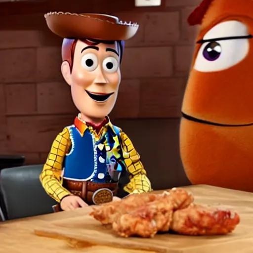 Prompt: Woody from Toy Story on Hot Ones, eating chicken wings