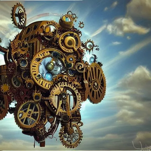 Image similar to flying city in a mechanical flower flower, sky, steampunk!!!, fantasy art, steampunk, masterpiece