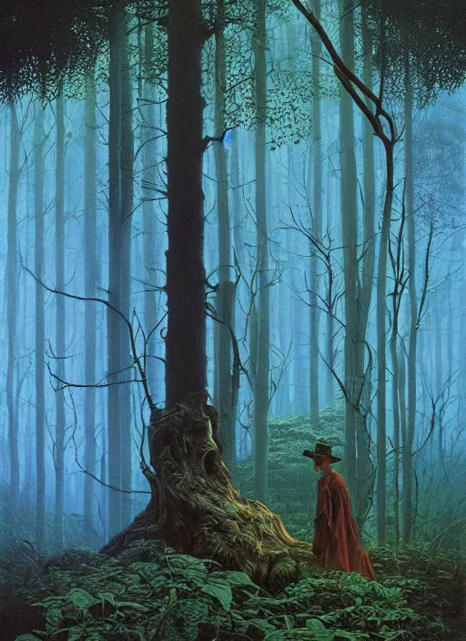 Image similar to hyper realistic witch modem with mood lighting and tech in the woods gorgeous lighting, blue sky, highly detailed, lush forest foliage painting by zdzisław beksinski and norman rockwell and greg rutkowskiweta studio, and lucasfilm