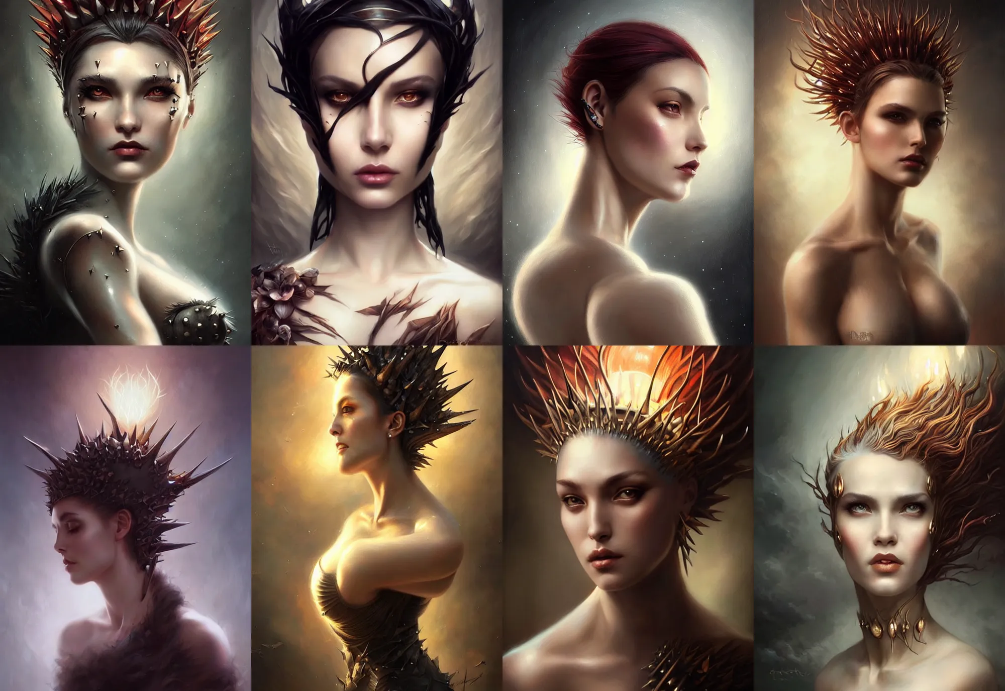 Prompt: a beautiful woman with spikes growing from her head, painted by artgerm and tom bagshaw, fantasy art, dramatic lighting, highly detailed oil painting