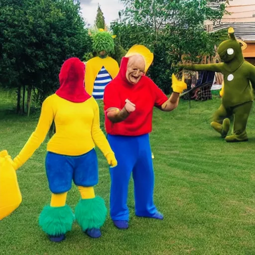 Prompt: a couple of grandparents playing kids games and wearing teletubbies costumes