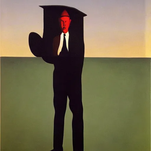 Prompt: devil in disguise, oil painting by rene magritte and edward hopper