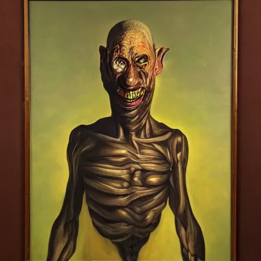 Prompt: oil painting by christian rex van minnen of a portrait of an extremely bizarre disturbing mutated man with intense chiaroscuro lighting perfect composition masterpiece strangely beautiful