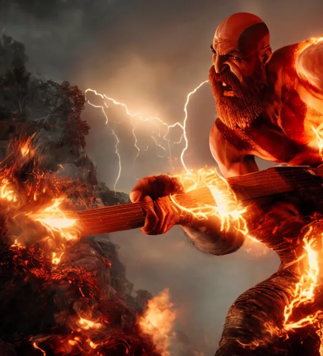 Image similar to raging kratos shredding on a flaming stratocaster guitar, cinematic render, god of war 2 0 1 8, santa monica studio official media, lightning, stripe over eye