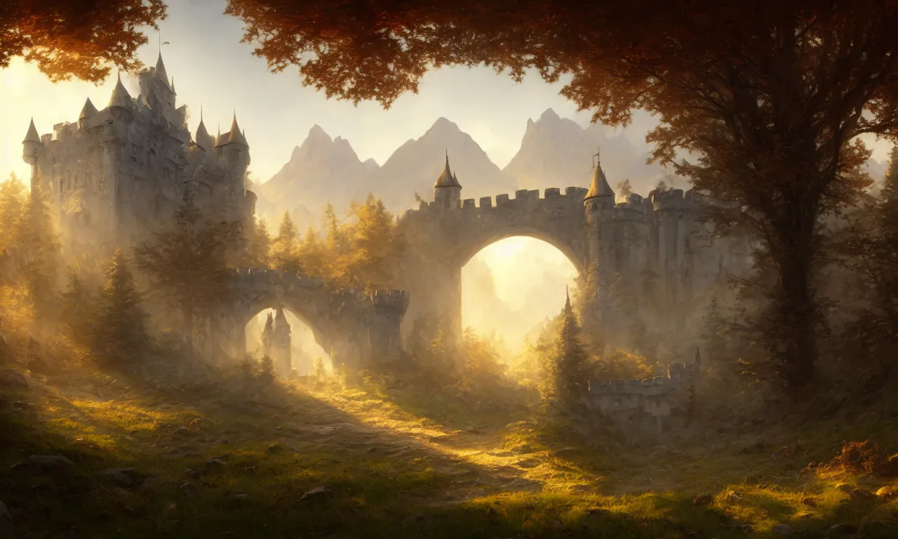 Prompt: digital painting of a small castle town closed off by large metal gate, border, behind a forest, large mountains in back, concept art, low angle, high detail, warm lighting, volumetric, godrays, vivid, beautiful, trending on artstation, by Jordan grimmer, no focus, huge scene, grass, art greg rutkowski and alphonse mucha