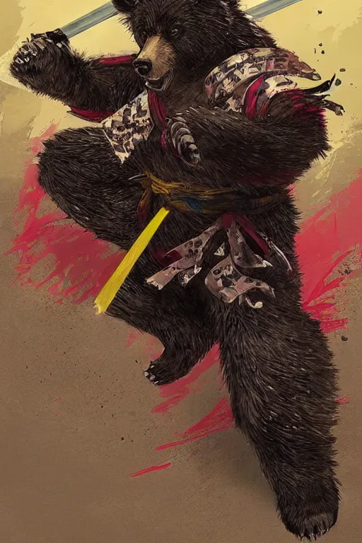 Prompt: professional digital art manga anime rendering of a bear dressed as a ninja fighting with a katana. colorful design. higly detailed, intricate, greg rutkowski, anime manga style, trending on art station.