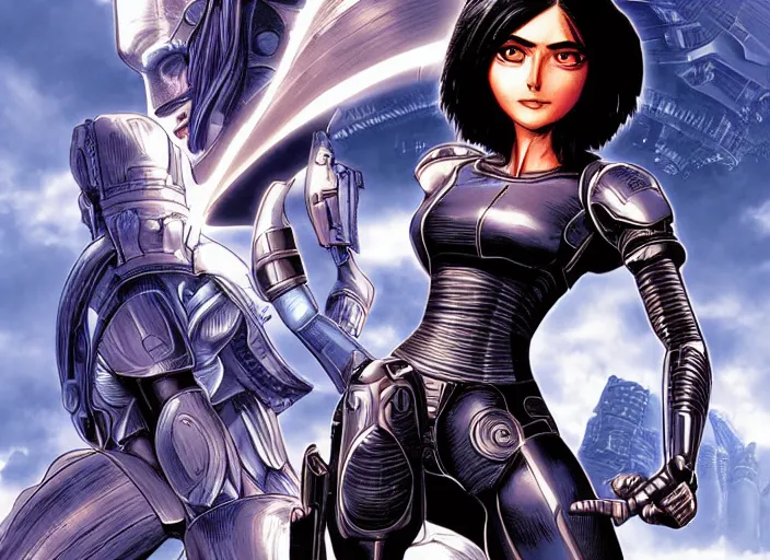 Image similar to Alita Battle Angel, art by Leticia Reinaldo and Phil Nguyen