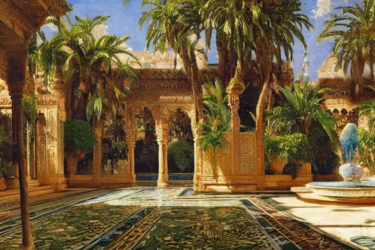 Prompt: painting of a beautiful moorish palace courtyard garden, by rudolf ernst and maxfield parrish, patterned tilework, palm trees, tiled fountains, extremely detailed, cinematic lighting, smooth sharp focus