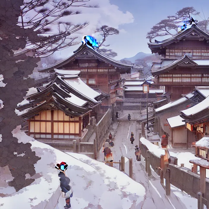 Image similar to japanese rural town, winter, in the style of studio ghibli, j. c. leyendecker, greg rutkowski, artem