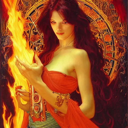 Prompt: an portrait of a beautiful alluring female demon goddess with fire in her glowing eyes, detailed, centered, digital painting, artstation, concept art, donato giancola, Dante Gabriel Rossetti, alphonse mucha, Joseph Christian Leyendecker, WLOP, Boris Vallejo, Breathtaking, 8k resolution, extremely detailed, beautiful, establishing shot, artistic, hyperrealistic, beautiful face, octane render