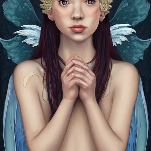 Prompt: A masterpiece portrait of a Incredibly beautiful queer barique renaissance girl with piercing and tatoo and nose ring in nun hat, holding koi fish in palace. Illustration. light night, artstation Masterpiece. Angel. Angel wings. light cute blush on face. glass fish hat. medium shot, intricate, elegant, highly detailed. trending on artstation, digital art, by Stanley Artgerm Lau, WLOP, Rossdraws, James Jean, Andrei Riabovitchev, Marc Simonetti, Yoshitaka Amano. background by James Jean and Gustav Klimt, light by Julie Bell, 4k, porcelain skin