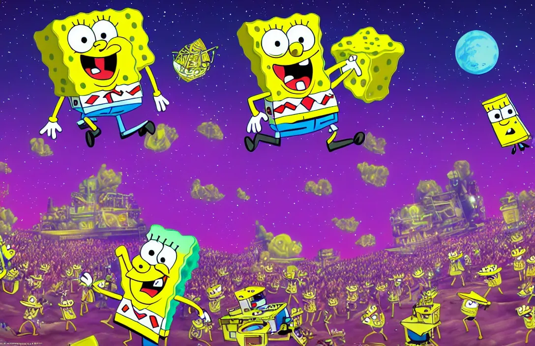 Prompt: spongebob rock concert on the moon, shot taken from behind spongebob on the stage looking the crowd, concert lighting, digital art, highly detailed, concept art, nickelodean style, party atmosphere, dark sky