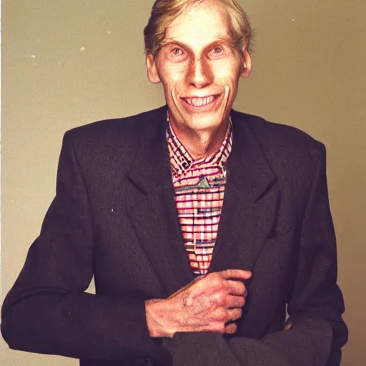 Image similar to A photograph portrait of old Jerma985 in his eighties who looks like Jerma985 wearing a blazer in the 1990s, Jerma985, looks like Jerma985, taken in the early 1990s, taken on a 1990s Camera, realistic, hyperrealistic, very realistic, highly detailed, very detailed, extremely detailed, detailed, digital art, trending on artstation, headshot and bodyshot