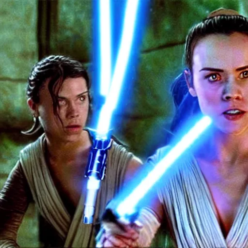 Prompt: rey from star wars having a lightsaber fight with luke from star wars