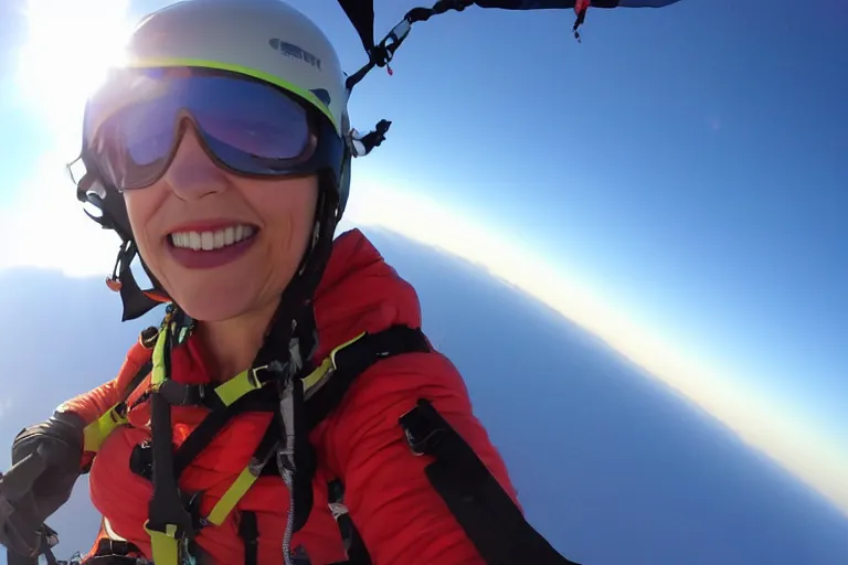 Prompt: Cinematography selfie gopro shot of a woman in a paraglide in Tenerife over the clouds a by Emmanuel Lubezky. Teide. Mar de nubes. Aerial