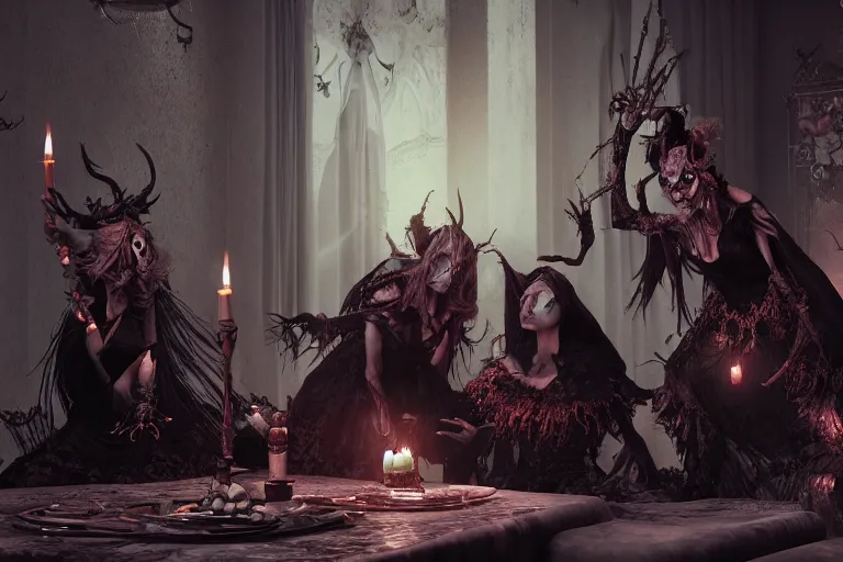 Image similar to dark witches doing a ritual. Ornate details, award winning, Octane render, 4k, 8k, unreal 5, very detailed, hyper control-realism, trending on artstation.”