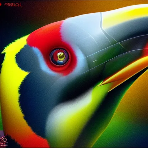 Image similar to photorealistic toucan. hyperdetailed photorealism, 1 0 8 megapixels, amazing depth, high resolution, 3 d shading, 3 d finalrender, 3 d cinematic lighting, glowing rich colors, psychedelic overtones, artstation concept art.