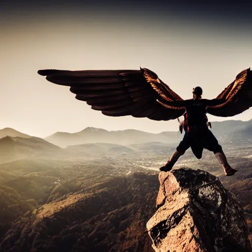 Image similar to winged man, flying over a mountain, dramatic lighting, 4 k, photography, award winning photo