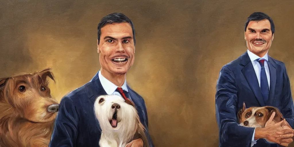 Image similar to Spanish politician Pedro Sanchez as anthropomorphic dog, oil painting