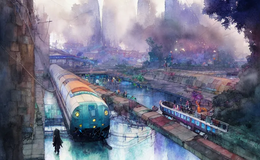 Image similar to an urban train rides inside of a waterway on a fantasy city. intricate, amazing composition, colorful watercolor, by ruan jia, by maxfield parrish, by marc simonetti, by hikari shimoda, by robert hubert, by zhang kechun, illustration, gloomy