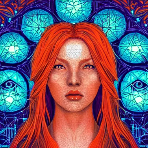 Image similar to a symmetrical portrait of a beautiful orange - haired woman face, concept art, intricate, aesthetic!!!!!, holographic design, god rays, symbolist, dramatic, ultra detailed