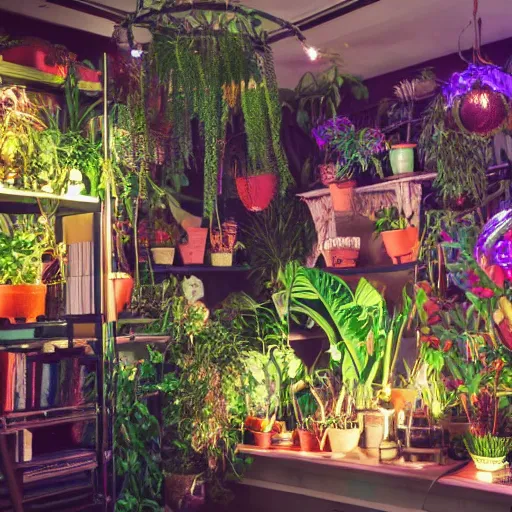 Image similar to a bohemian room with a lot of plants and neon lights, highly detailed, photorealistic