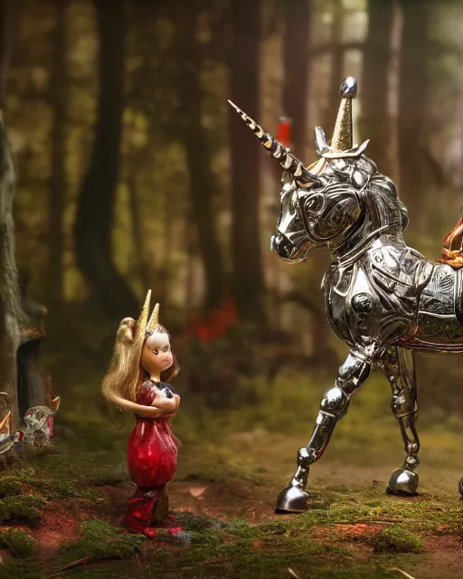 Image similar to highly detailed closeup of a tin toy unicorn in a fairytale forest, depth of field, fashion photoshoot by hyung tae, frank frazetta, bosch, giger, breathtaking, detailed and intricate environment, 8 k resolution, hyperrealistic, octane render