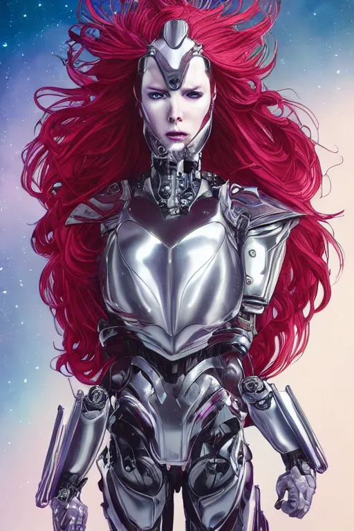 Image similar to pale woman with red hair in sci - fi armor with purple accents, bionic armor, stoic, powerful, by artgerm and yoshitaka amano and moebius and alphonse mucha, hyperdetailed, dc comics, ornate, nebula, explosions in the sky, trending on artstation