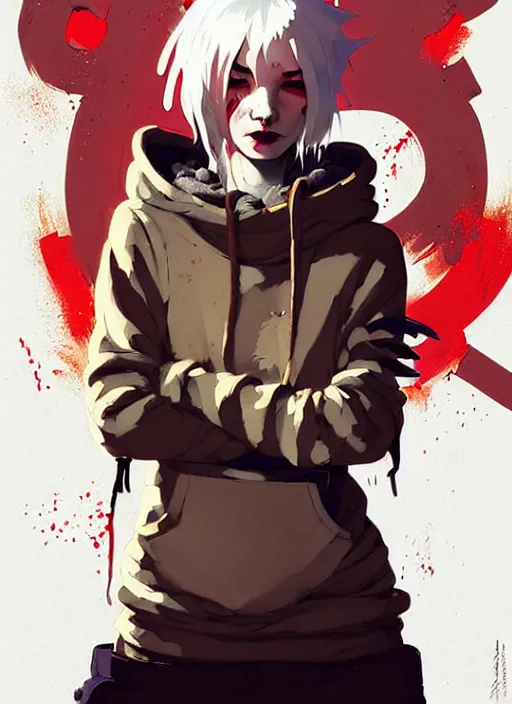 Image similar to highly detailed portrait of a sewer punk canadian lady, tartan hoody, white hair by atey ghailan, by greg rutkowski, by greg tocchini, by james gilleard, by joe fenton, by kaethe butcher, gradient red, brown, blonde cream and white color scheme, grunge aesthetic!!! ( ( graffiti tag wall background ) )